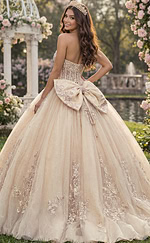 Strapless champagne quinceañera ball gown with corset waist and statement bow back