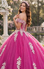 Sparkly fuchsia quinceañera ball gown with off-shoulder straps and lace-up back
