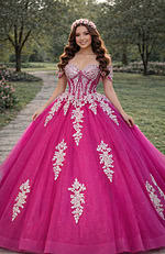 Fuchsia embroidered ball gown with corset waist, lace appliqués, and full skirt