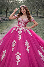 Fuchsia off-shoulder ball gown with corset bodice and ivory lace appliqués