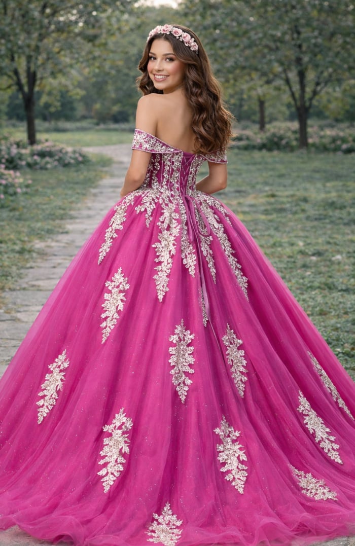 Lace-up back fuchsia quinceañera gown with ivory appliqué panels and sparkle tulle