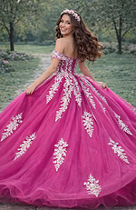 Hot pink glitter tulle ball gown with beaded bodice and full skirt