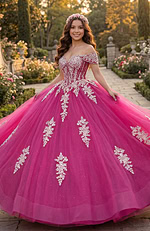 Off-shoulder fuchsia princess gown with structured corset and floral lace detailing
