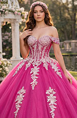 Fuchsia tulle ball gown with sweetheart neckline and ivory lace embroidery