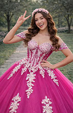 Embellished fuchsia corset ball gown with glitter tulle skirt and appliqué accents