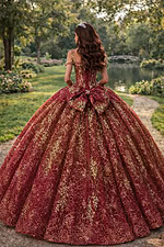 Off-shoulder burgundy quinceañera gown with ornate gold appliqué detailing