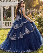 Layered navy tulle princess gown with silver baroque appliqués and sparkle