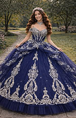 Navy glitter tulle ball gown with ornate silver embroidery and layered skirt