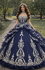 Off-shoulder navy corset ball gown with silver lace appliqué detailing