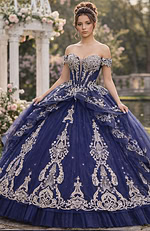 Navy tiered tulle ball gown with silver embroidered accents and long train