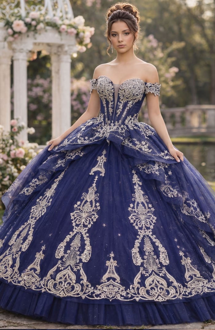 Navy tiered tulle ball gown with silver embroidered accents and long train
