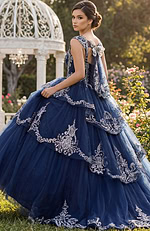 Navy ball gown with structured bodice and ornate silver lace patterns