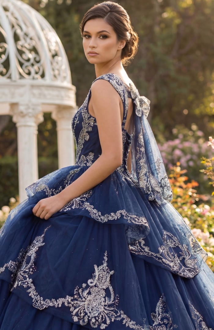 Navy embroidered ball gown with scalloped appliqué hem and glitter tulle