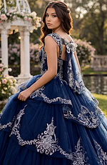 Navy corset ball gown with dramatic silver embroidery on full skirt