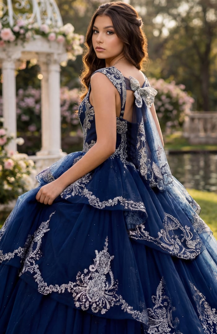 Navy corset ball gown with dramatic silver embroidery on full skirt