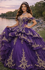 Deep purple off-shoulder ball gown with gold embroidery, ruffled tiers, and corset back