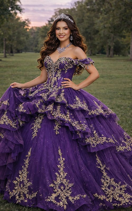 Purple glitter tulle ball gown with ornate gold appliqués and corset bodice
