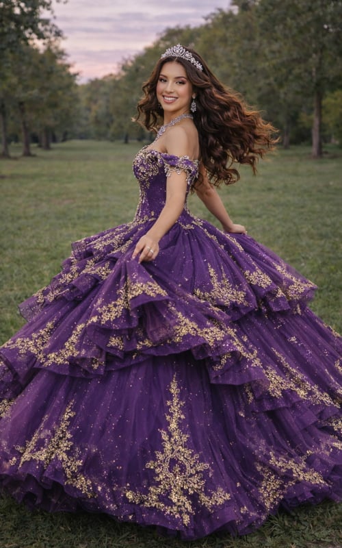 Off-shoulder purple quinceañera gown with gold lace detailing and layered ruffles