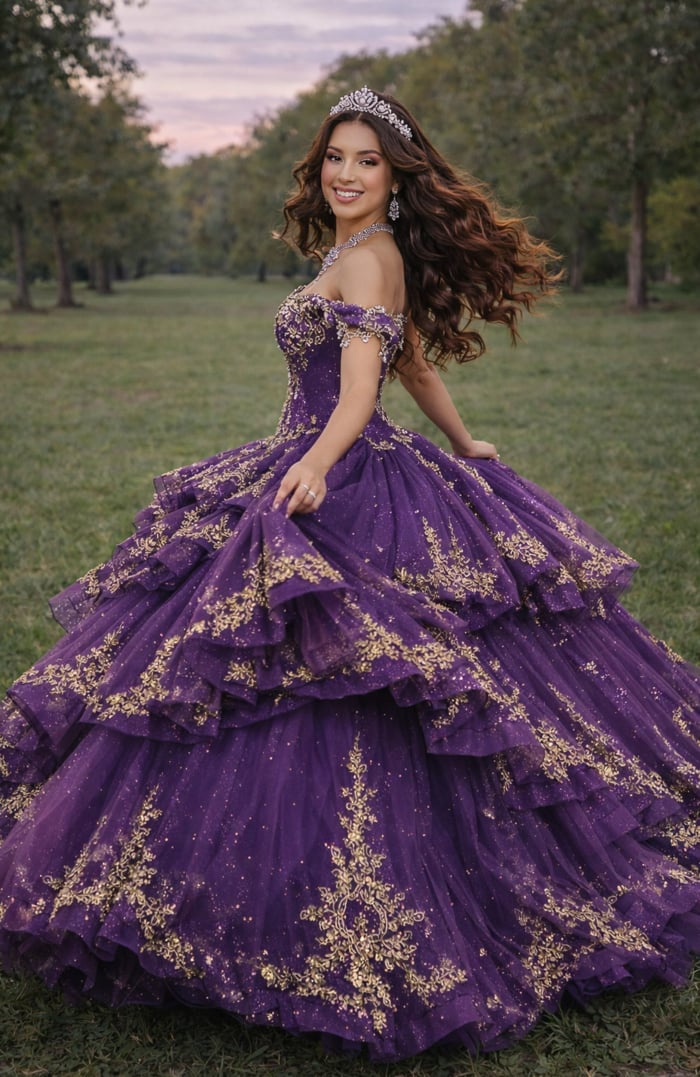 Off-shoulder purple quinceañera gown with gold lace detailing and layered ruffles
