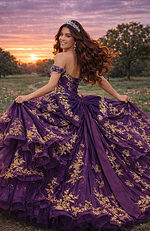 Gold embroidered purple ball gown with sweetheart neckline and voluminous tulle skirt