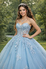 Light blue strapless ball gown with illusion corset bodice and floral lace appliqués