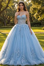 Blue glitter tulle ball gown with sweetheart bodice and embroidered lace detailing