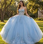 Strapless blue princess gown with embellished corset top and full tulle skirt
