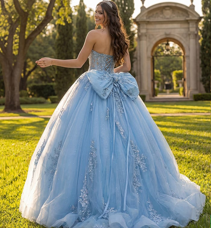 Back view blue corset ball gown with statement bow and sparkling tulle train