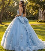 Lace-up back blue ball gown with oversized bow and embroidered tulle skirt