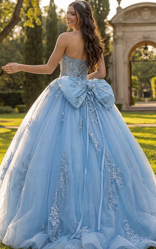 Light blue embroidered ball gown with boned corset bodice and glitter tulle layers