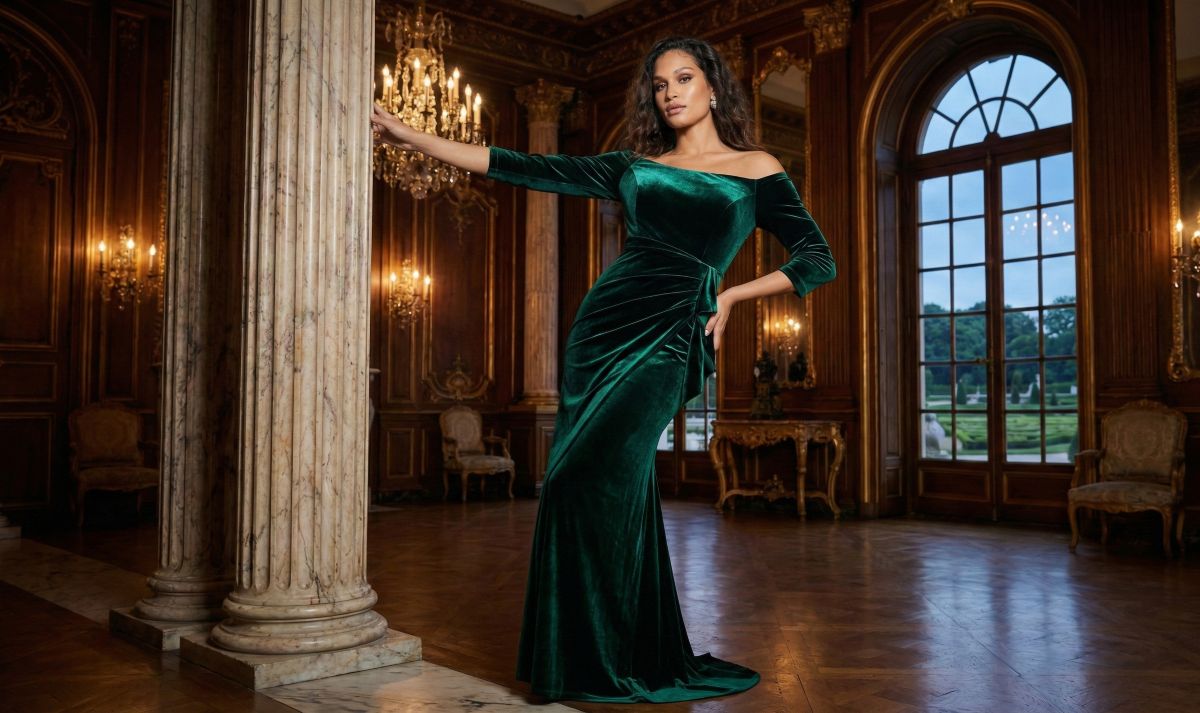 Model wearing an elegant dark green velvet off-the-shoulder evening gown with sleeves in a luxury palace