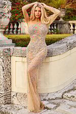 Model wearing S00936 nude couture dress with one shoulder and long sleeve, front view.