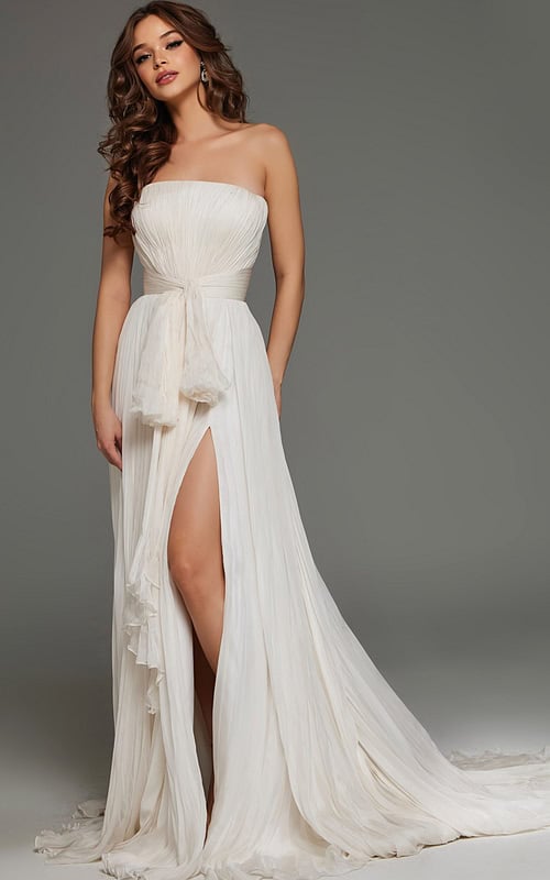 Back view of model wearing Jovani S04373 off-white gown.
