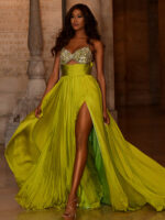 Model wearing Jovani S05823 with sweetheart neckline and high slit in green, front view