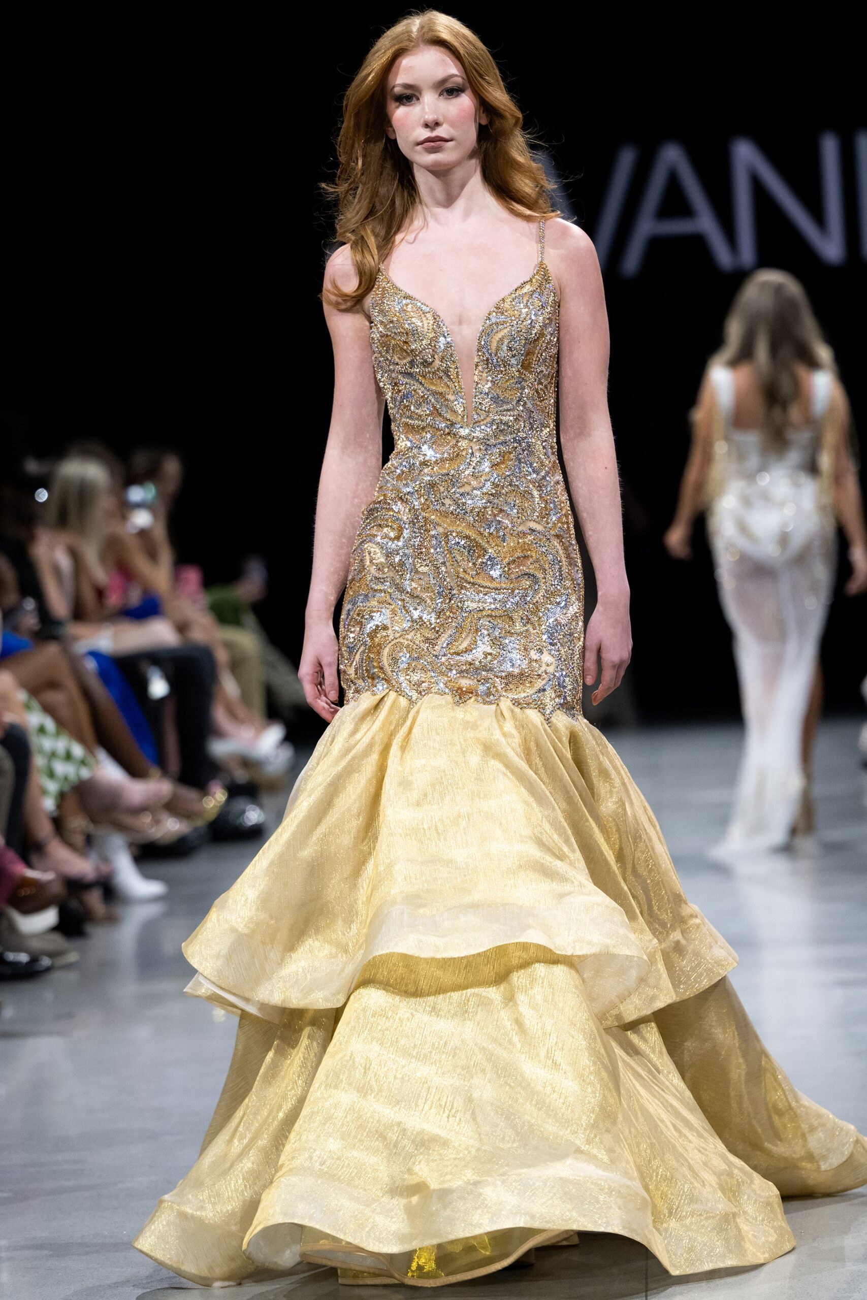 Jovani S38449 Gold Beaded V Neckline Dress | Jovani
