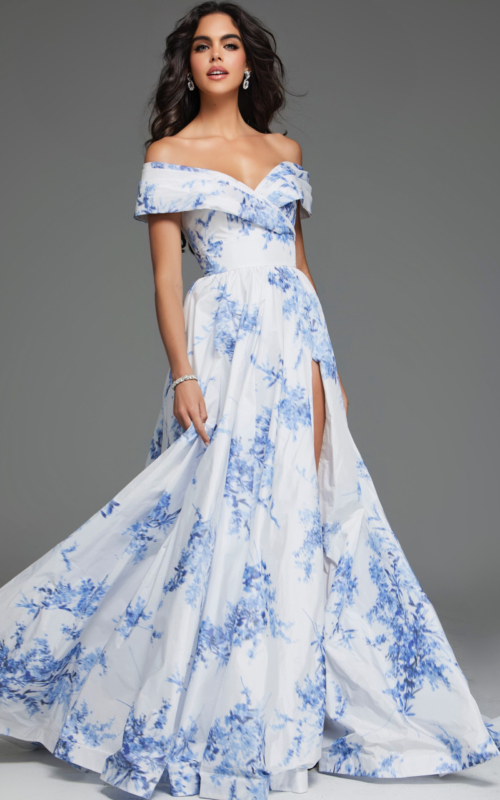 Model wearing Jovani S38939 white and blue dress with A-line silhouette from the back view.