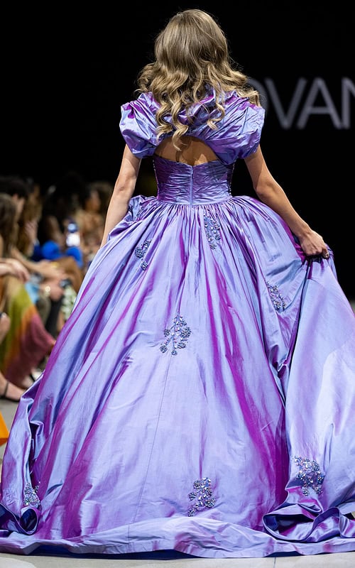Back view of model wearing Jovani S39133 purple gown with embellished skirt