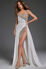 Model wearing Jovani S40406 white gown with a high slit and beaded bodice front view.