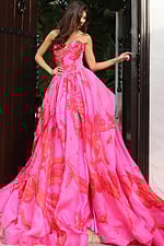 Strapless sweetheart gown with flowing abstract print skirt