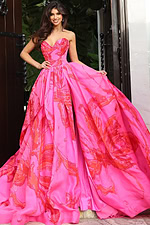 Strapless sweetheart ball gown with bold abstract print
