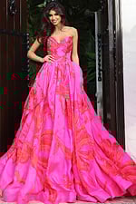 Strapless pink ball gown with printed skirt