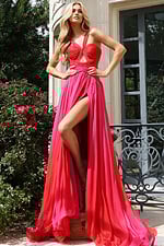 Elegant layered gown with high slit and open back design