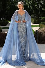 Blue embellished gown with cape sleeves and form-fitting silhouette