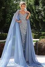 Light blue beaded gown with sheer cape and sweetheart neckline