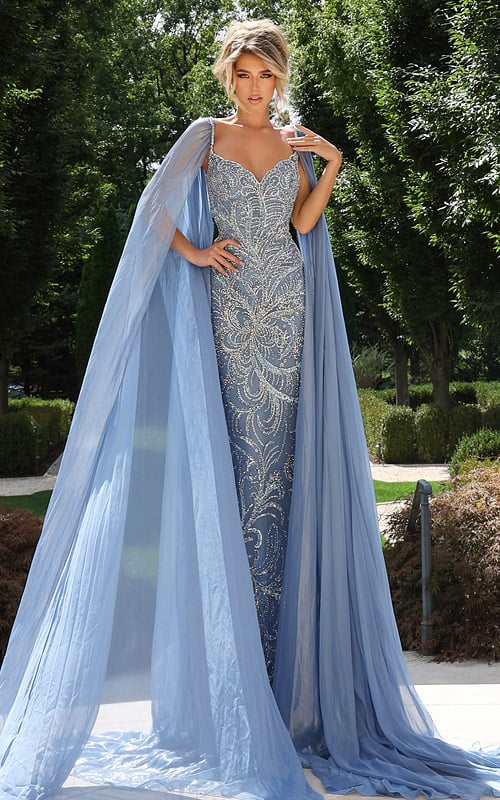 Light blue beaded gown with sheer cape and sweetheart neckline