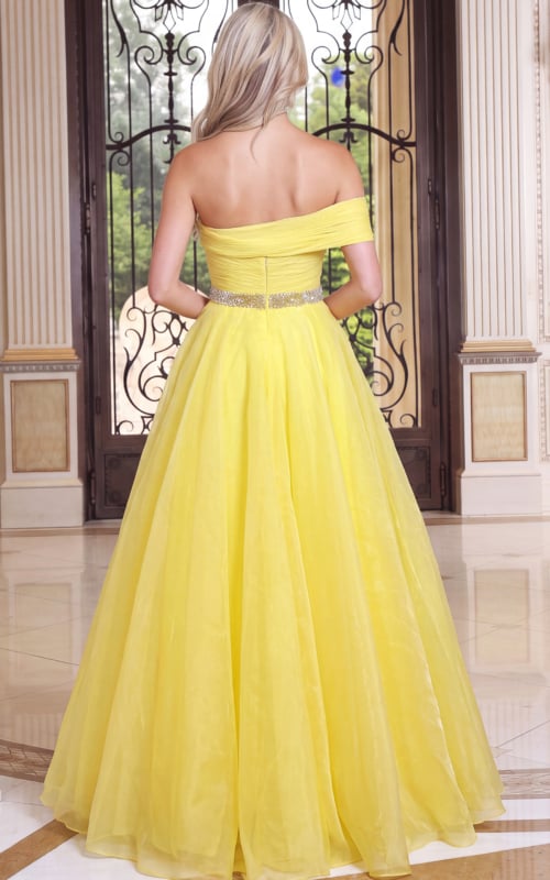 back view of yellow organza off shoulder ball gown gown with ruched bodice and rhinestone waist belt