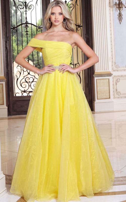 yellow organza off shoulder ball gown gown with ruched bodice and rhinestone waist belt