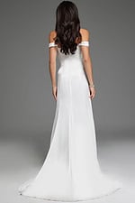 Model wearing Jovani 59780 white gown with off-the-shoulder neckline, high slit, and A-line silhouette, viewed from the front.