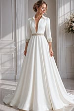contemporary bridal gown showcases a plunging neckline framed by a crisp collar, sparkling hand-beaded accents