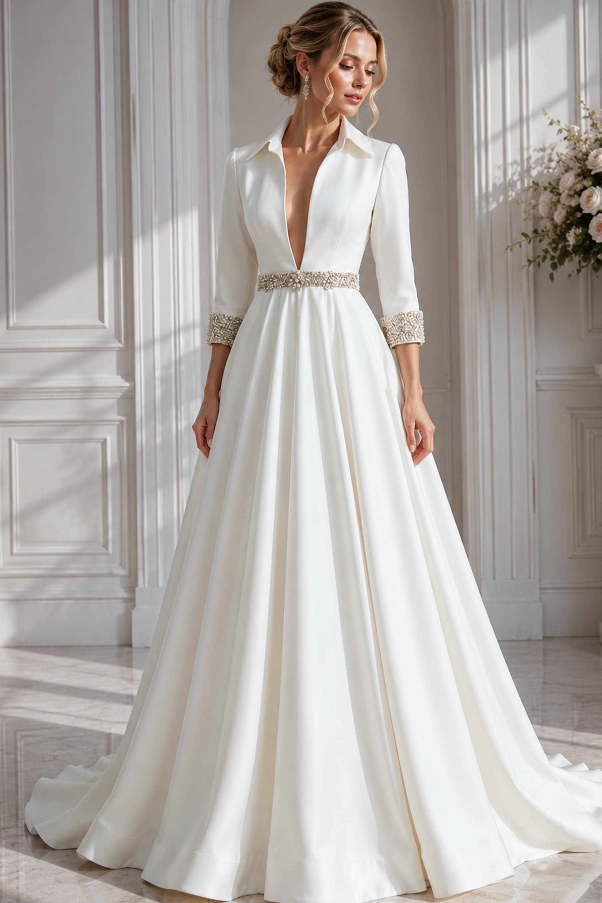 S61342-10 contemporary bridal gown showcases a plunging neckline framed by a crisp collar, sparkling hand-beaded accents